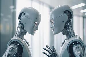 Two female robots standing in a row and looking at each other. Futuristic Robots handshaking, photo