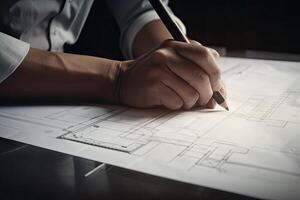 Architect working on blueprint at office, architectural concept. Vintage tone. Hands of architects or engineers working on blueprint, photo