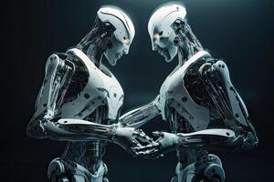 Two female robots looking at each other on black background. 3D rendering. Futuristic Robots handshaking, photo