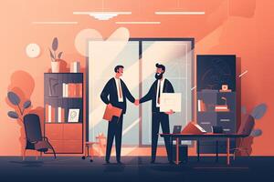 Businessmen shaking hands in modern office interior. illustration in flat style, Illustration of Two Businessmen Shaking Hands, photo