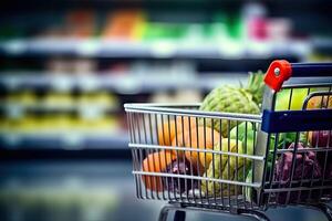 Shopping cart with fruits and vegetables in supermarket. Shallow depth of field, Groceries in a shopping cart inside a blurry supermarket, photo