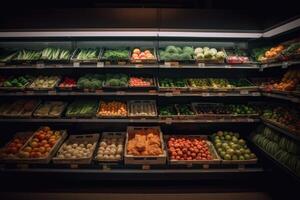 Fruits and vegetables in the supermarket. Healthy eating and dieting concept. Grocery and vegetable shelves in the supermarket, photo