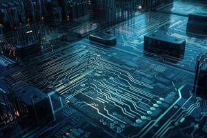 Circuit board with microchips and connections. 3d rendering, High tech circuit board with futuristic server motherboard, photo