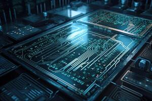 Close up view of modern electronic circuit board. Technology concept. 3D Rendering, High tech circuit board with futuristic server motherboard, photo