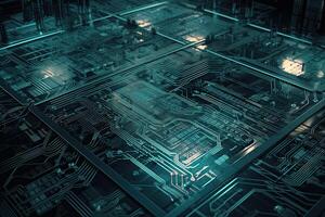 Circuit board background. 3d rendering, 3d illustration. High tech circuit board with futuristic server motherboard, photo