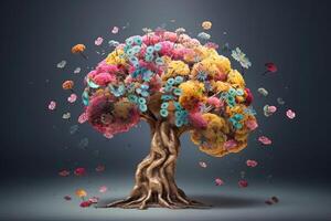 Colorful floral tree with flowers and petals on a dark background, tree with flowers self care and mental health, photo
