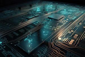 Circuit board close up. Technology background. 3d rendering, High tech circuit board with futuristic server motherboard, photo