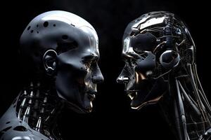 3d rendering of two cyborgs with heads on black background, human vs artificial intelligence, photo