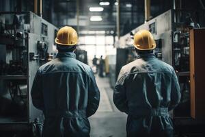 Back view of engineer and worker standing in factory. Industry and engineering concept. Industrial workers full rear view working on Industrial space, photo