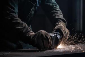 Close up of a man working with a grinder in the workshop, Industrial worker hands closeup view welding mettle, photo