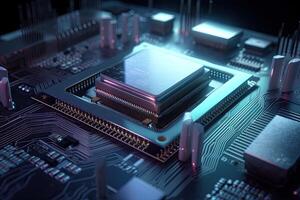 Close up of electronic circuit board with processor. 3D rendering, Information technology concept with a futuristic motherboard, photo