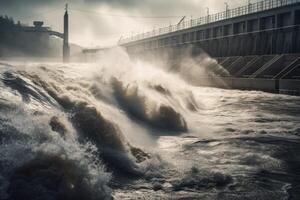 Tormentoso clima en un represa en el Puerto de riga, letonia masivo hidroeléctrico represa productor eléctrico energía, ai generado foto