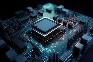 Close up of electronic circuit board with processor. 3D rendering, Information technology concept with a futuristic motherboard, photo