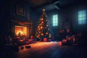 Navidad árbol con regalos y hogar en oscuro habitación. 3d representación, interior Navidad magia brillante árbol chimenea, ai generado foto