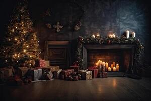 Christmas living room with fireplace, christmas tree and presents. New Year concept. interior christmas magic glowing tree fireplace, photo