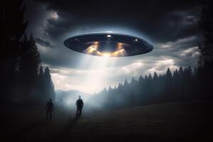 UFO abducts a man in the forest. 3d rendering, Invasion of extraterrestrial. Alien abduction, photo