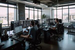 Team of software developers working on computers while sitting at desk in modern office, Inside a software company office and workers rearview, photo