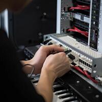 Close up of female technician repairing server in datacenter. IT Engineer hands close up shot installing fiber cable, photo