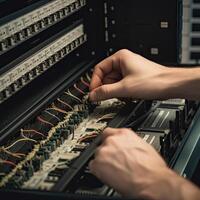 cerca arriba de manos de técnico reparando servidores en datos centro. eso ingeniero manos cerca arriba Disparo instalando fibra cable, ai generado foto