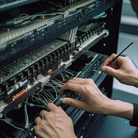 cerca arriba de técnico manos reparando red cambiar en centro de datos servidor habitación, eso ingeniero manos cerca arriba Disparo instalando fibra cable, ai generado foto