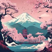 Mount Fuji, cherry blossom, and pagoda in Japan. Japanese cherry blossoms and Mount Fuji, photo