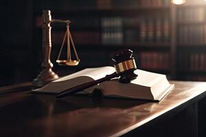 Law theme, mallet of judge, wooden gavel, books in the courtroom, Judge Gavel and Scales of Justice in the Courthouse, photo