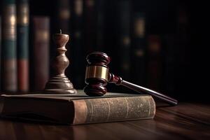 Law theme, mallet of judge, wooden gavel on old book, Judge Gavel and Scales of Justice in the Courthouse, photo