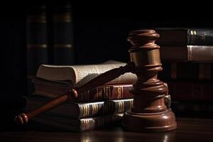 Law theme, mallet of judge, wooden gavel on books, Judge Gavel and Scales of Justice in the Courthouse, photo