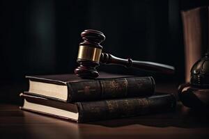 Law theme, mallet of judge, wooden gavel on old books, Judge Gavel and Scales of Justice in the Courthouse, photo