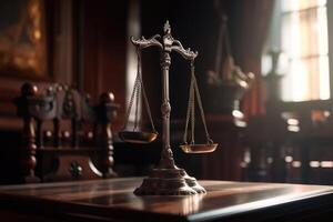 Law theme, mallet of judge, wooden desk with scales of justice, Judge Gavel and Scales of Justice in the Courthouse, photo