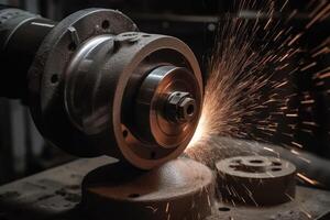 Close up of a grinder cutting a metal part with sparks, Internal grinding of a cylindrical metal part, photo