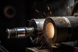 Industrial grinder working with sparks on the lathe machine. Internal grinding of a cylindrical metal part, photo