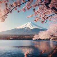 monte fuji y Cereza florecer a kawaguchiko lago en Japón, japonés Cereza flores y montar fuji, ai generado foto