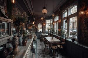 interior de un restaurante con de madera mesas y sillas en Clásico estilo, dentro un hermosamente decorado café restaurante, ai generado foto