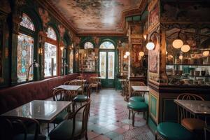 interior de un café con mesas y sillas. Clásico estilo. dentro un hermosamente decorado café restaurante, ai generado foto