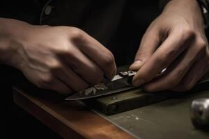 Closeup of a mans hands sharpening a knife in a workshop, knife sharpening, photo