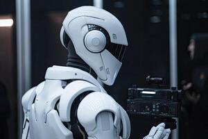 Side view of female robot holding remote controller and looking at camera in dark room, Man rear view closeup and a futuristic AI robot, photo