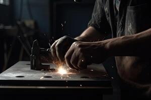 trabajador utilizando amoladora a cortar metal con chispas. chispas mientras molienda hierro, hombre trabajador manos cerca arriba ver con un soldadura, ai generado foto