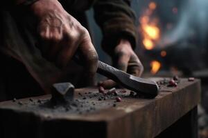 Blacksmith sharpening a piece of metal on anvil. Male blacksmith close up working with metal, , photo