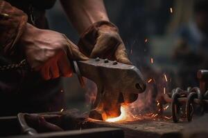 el soldador soldaduras un metal producto con un martillo y un cadena, masculino herrero cerca arriba trabajando con metal, ai generado, ai generado foto