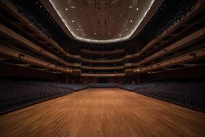 The auditorium of the theater with a wooden floor and seats. A luxurious and huge empty concert hall, photo