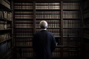 posterior ver de un maduro hombre en pie en un biblioteca y mirando a el libros, masculino abogado lleno posterior ver en frente de un bajo libro biblioteca, ai generado foto