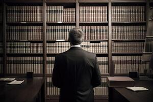 Rear view of a businessman standing in front of bookshelves, Male lawyer full rear view in front of a low book library, photo