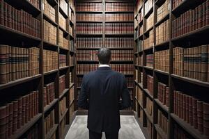 Rear view of a businessman looking at a bookcase in a library, Male lawyer full rear view in front of a low book library, photo