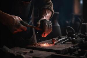 cerca arriba de un herrero trabajando en un metal producto en su taller, masculino herrero cerca arriba trabajando con metal, ai generado, ai generado foto