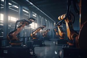 Smart industry robot arms for digital factory technology showing an automation manufacturing process, software to control operation. Mechanical robotic arms working in factory, photo