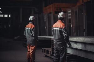 Rear view of male and female engineers working in a warehouse. Male manual workers full rear view in the factory, photo