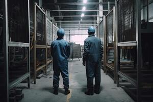 dos fábrica trabajadores en difícil sombreros y azul mono son en pie en un depósito. masculino manual trabajadores lleno posterior ver en un fábrica, ai generado foto