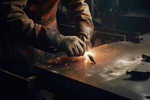 Industrial worker welding metal in factory. Sparks while grinding iron. Man worker hands close up view with a welding, photo