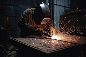 industrial trabajador trabajando con un arco soldadura máquina a soldar acero a el fábrica, hombre trabajador manos cerca arriba ver con un soldadura, ai generado foto